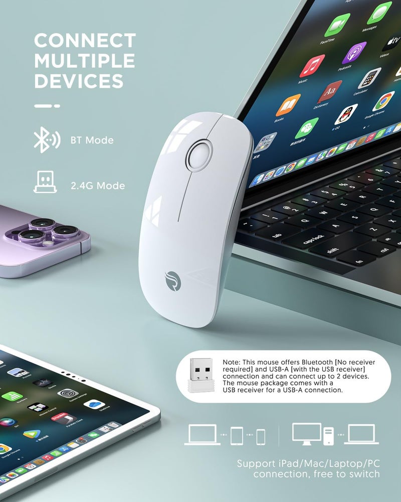 RAPIQUE Bluetooth Wireless Mouse - (BT5.1+USB) Slim Dual Mode Computer Mice with Quiet Click, Low Power, and 1600 DPI, Portable Cordless for MacBook, Laptop, iPad Pro/Air, Chromebook (White) - Image 2